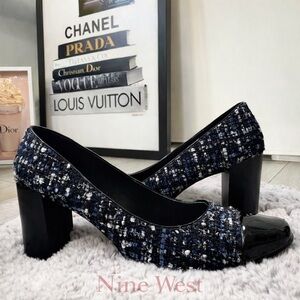 NINE WEST Academia Tweed Block Heel Pumps • Black Blue • Chic Classic • Size 8